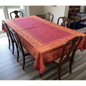 Fateba Portual Orange Rust Jacquard Large Tablecloth 126”x 68” Vintage Cotton